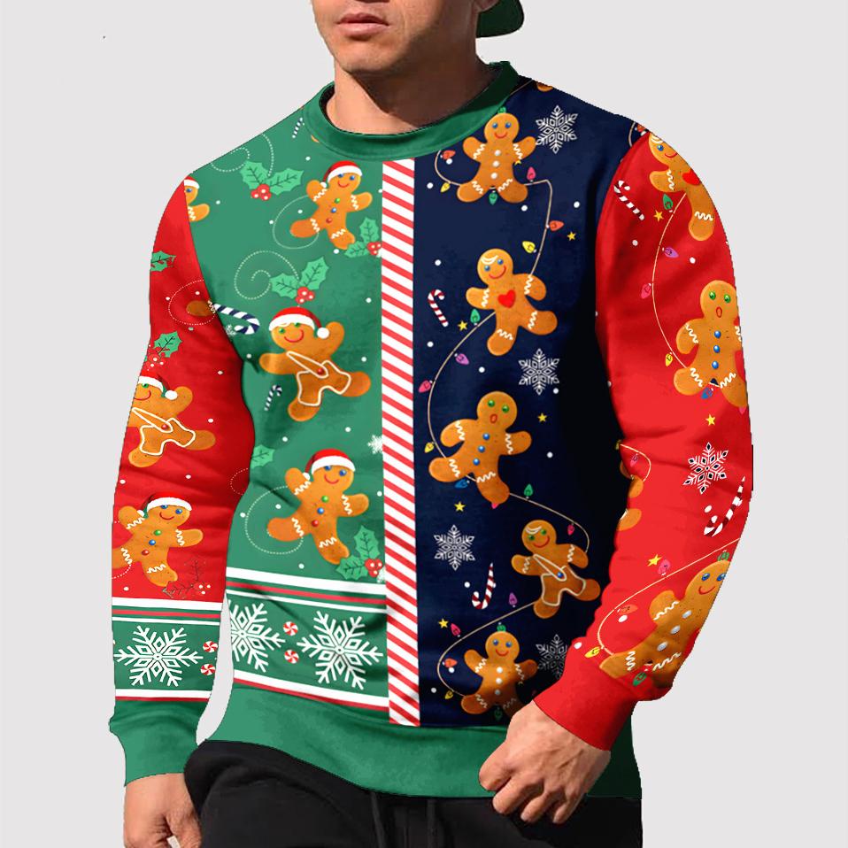 ForYourBeauty Casual losse herensweatshirt 3D-geprinte hoodie Kerstmis Gingerbread Man Letters ronde kraag truien 6XL
