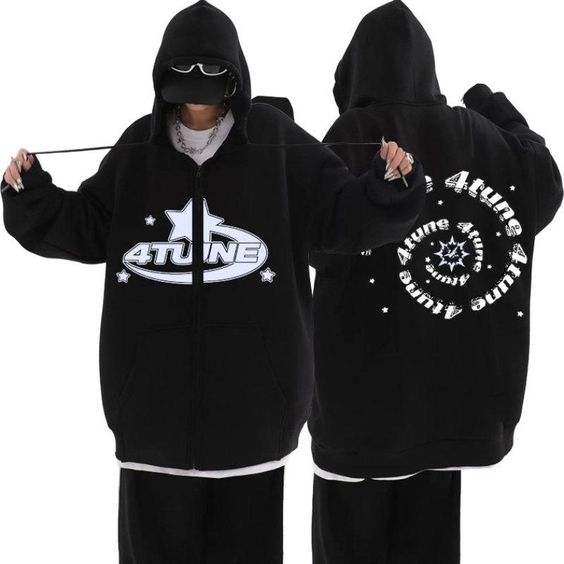 TENJINGE Trendy 4Tune Grafische Rits Hoodie Unisex Mode Casual Sweatshirt Y2k Jas Heren Dames Amerikaanse Straat Hip Hop Oversized Zip Up Jas L
