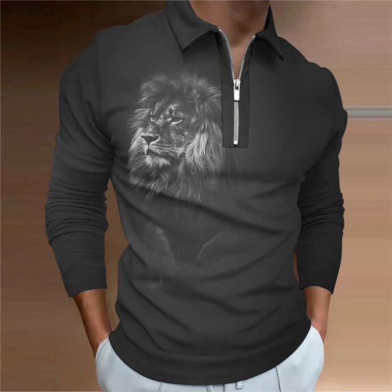 3D Custom Clothing Poloshirts Heren met lange mouwen Mode grijze leeuwenprint Nieuwe herenpoloshirt met lange mouwen en rits T-shirt Top 3XL grijs