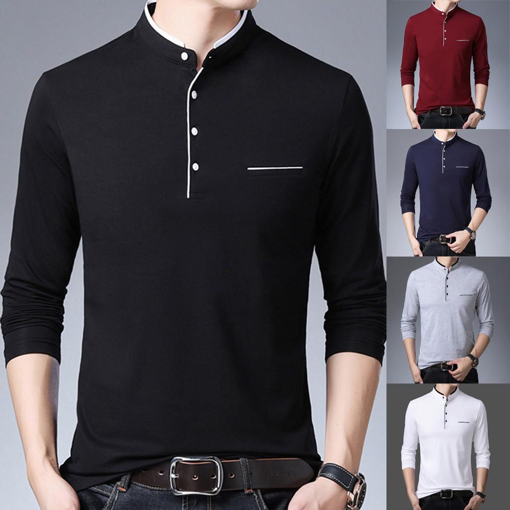 JY85HA Heren nieuwe mode opstaande kraag heren T-shirt met lange mouwen Pure shirt top XL wit