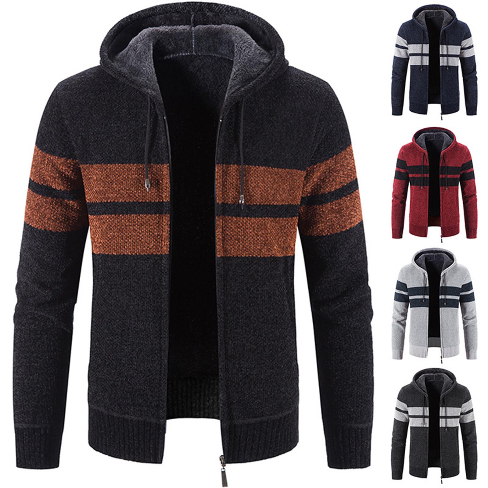 Niubiplus Herenjas met capuchon, pluche, geruit breiwerk met trekkoord, trui, warme effen kleur jassen, tops XXXL wijn