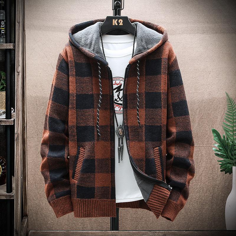 RUOK Heren Winter Plaid Trui Capuchon Cardigan Koude Jas Wollen Rits Jas Herfst Fleece Warme Kleding Geruite Gebreide Trui S rood