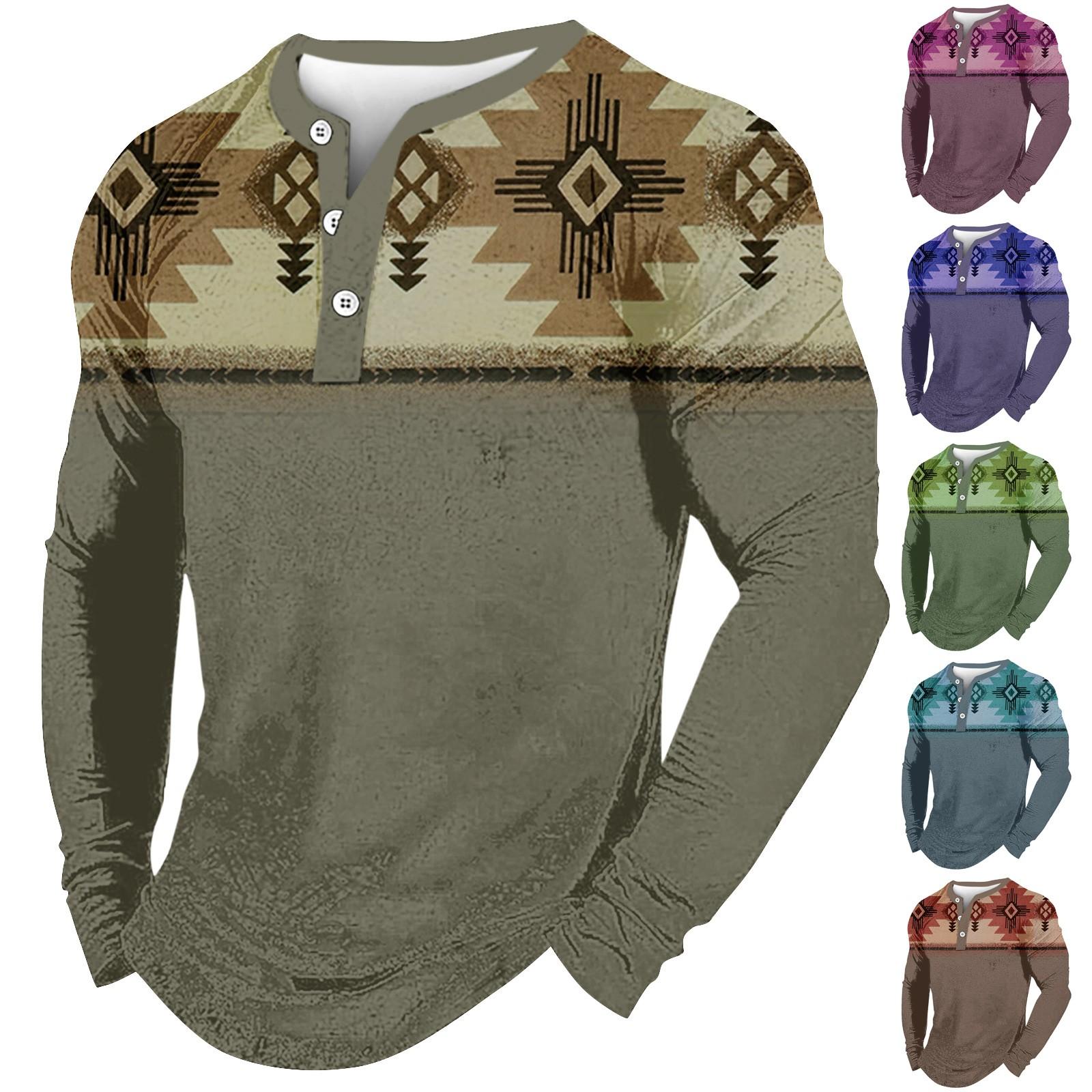Xingben Two Heren Outdoor Vintage V-hals Knoop Lange Mouw Mode Sport T-shirt L