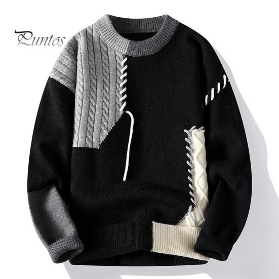 DILLER Herfst Winter Heren Trui Kleur Blokkerend Snijdend Ontwerp Ronde Hals Losse Gebreide Trui Dikke Warme Onderkant Trui Casual Wear Werk Dating Trui L groen