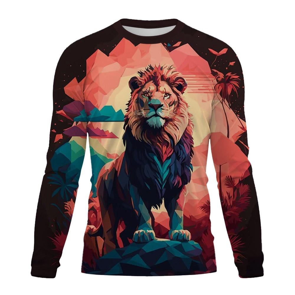 ETST 05 Nieuwe herfst heren ronde hals lange mouw T-shirt 3D print mode dieren leeuw patroon top pullover T-shirts herenkleding 6XL