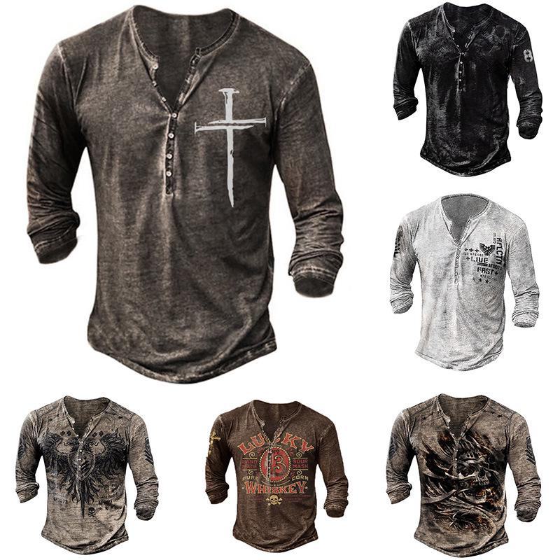 AI Supermarket Heren slim fit kraagloos T-shirt met lange mouwen en print van katoen CT10, S