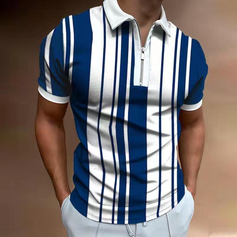BOLIV MODA Heren zomer shirts met korte mouwen Gestreepte print Rits reverskraag T-shirt Mode Patchwork Heren Tops XXXL