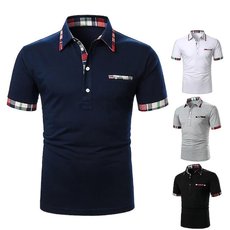 HerSight Zomer top heren korte mouw basic poloshirts heren knoppen geruite patchwork kraag t-shirt 3XL lichtgroene kleur