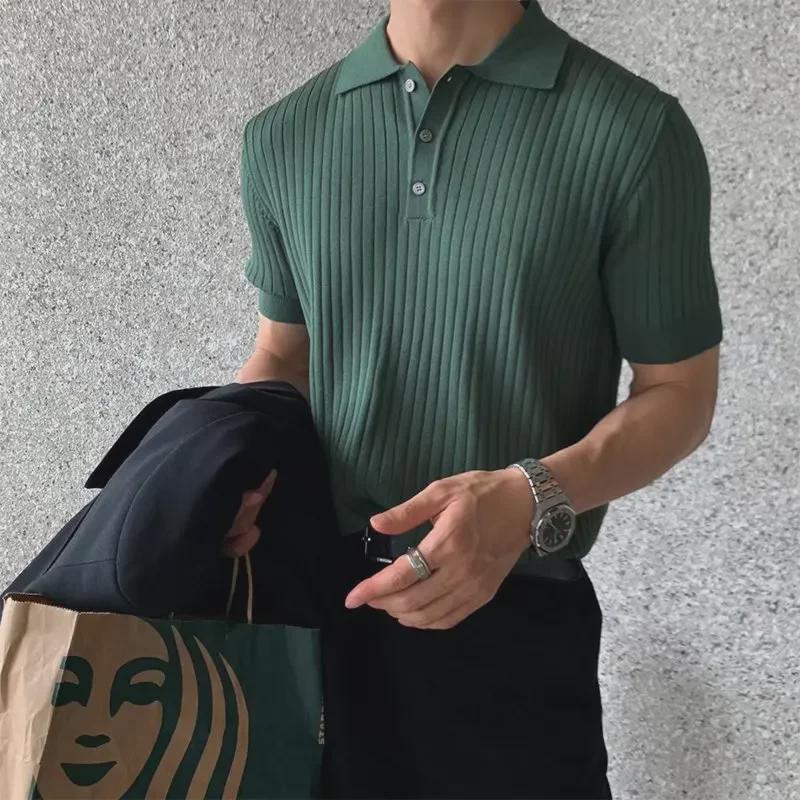 VantaGoods Heren Zomer Retro Gestreepte Polo T-shirt - Korte Mouw Gebreid met Revers, Koreaanse Trend XL zwart