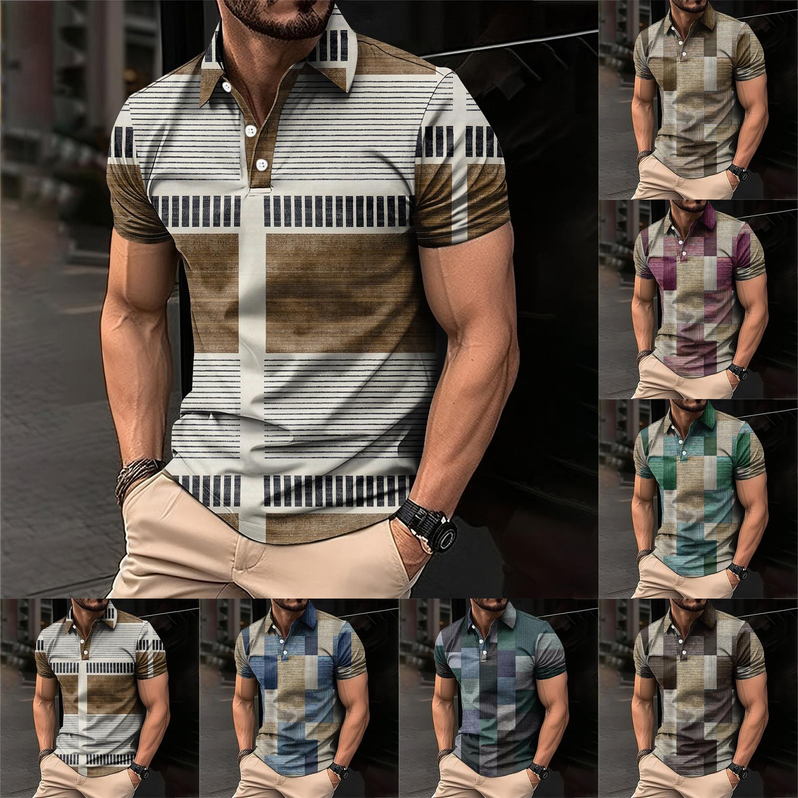Wahaha123 Golfshirt voor heren Casual Sport V-hals Geribbelde kraag Korte mouw Mode Casual Effen Kleur Effen Lente en zomer Normale pasvorm M Vloot