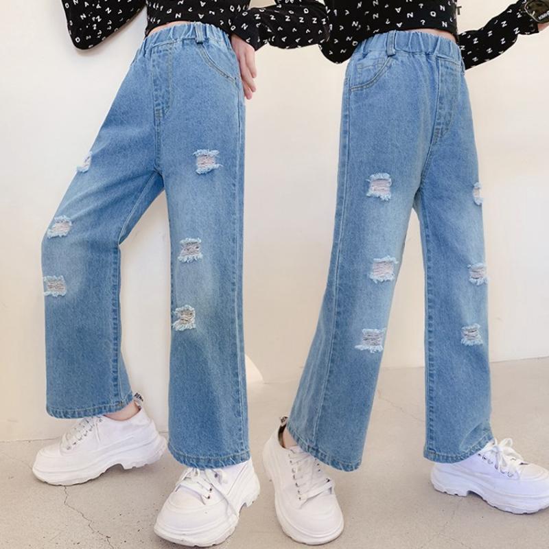 Super maller Meisjes Jeans Kinderen Gescheurde Gat Losse Jeans Elastische Taille Broek Kinderkleding Lente Herfst Tiener Meisje Denim Wijde Pijpen Broek 120 blauw