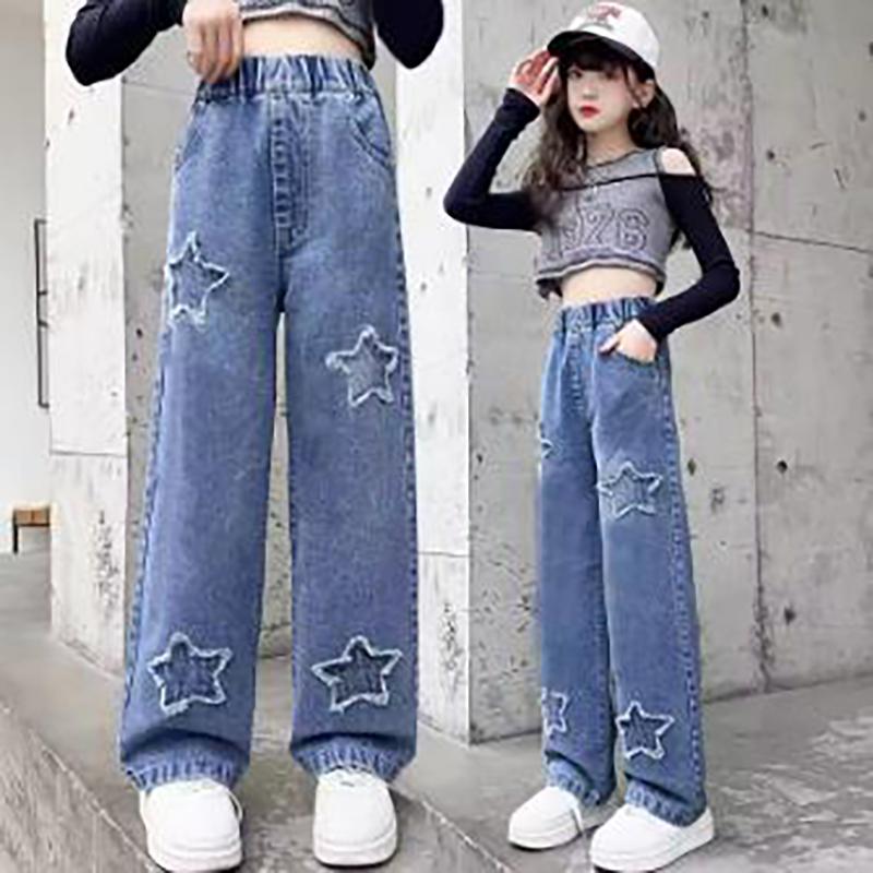 LAOHU Tienermeisjes wijde cargo jeans lente herfst mode kinderen casual denim broeken schoolkinderen rechte baggy broeken 170cm