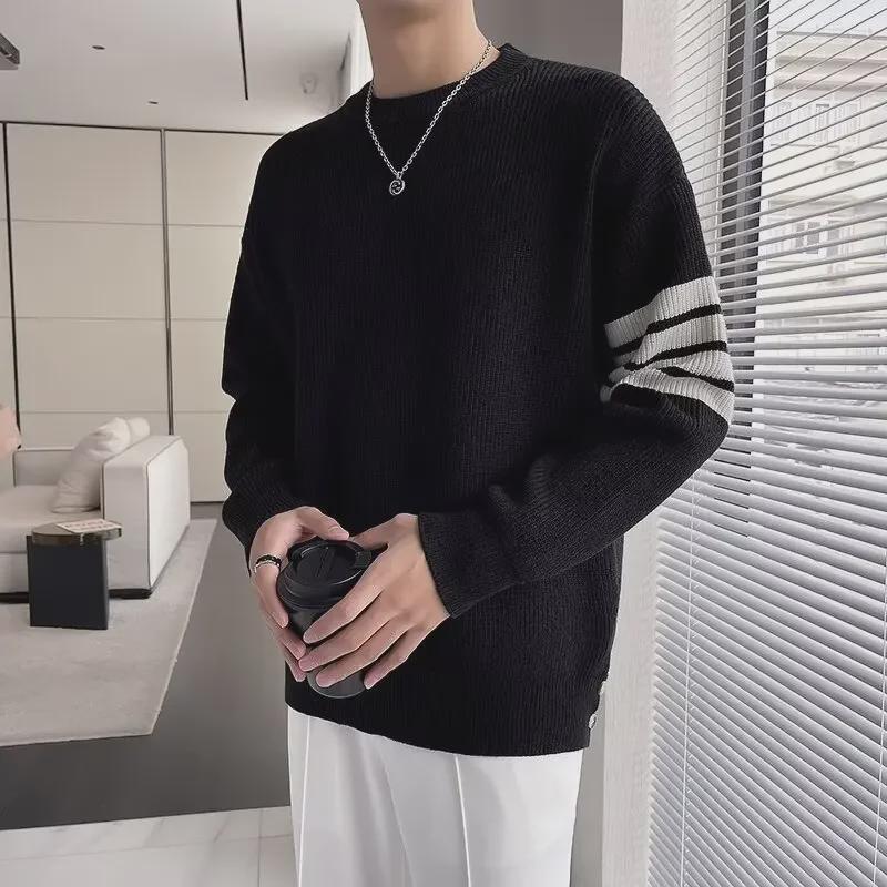 VantaGoods Heren herfst/winter gestreepte ronde hals wollen trui - Trendy casual lang mouwen gebreid shirt, Koreaanse stijl Double Extra Large zwart