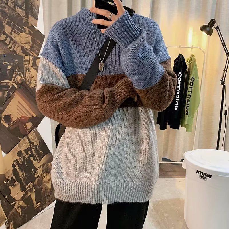 VantaGoods Colorblock ronde hals gebreide trui voor heren, Hong Kong-stijl, casual Koreaanse trend, all-match losse pasvorm voor lente en herfst. Medium