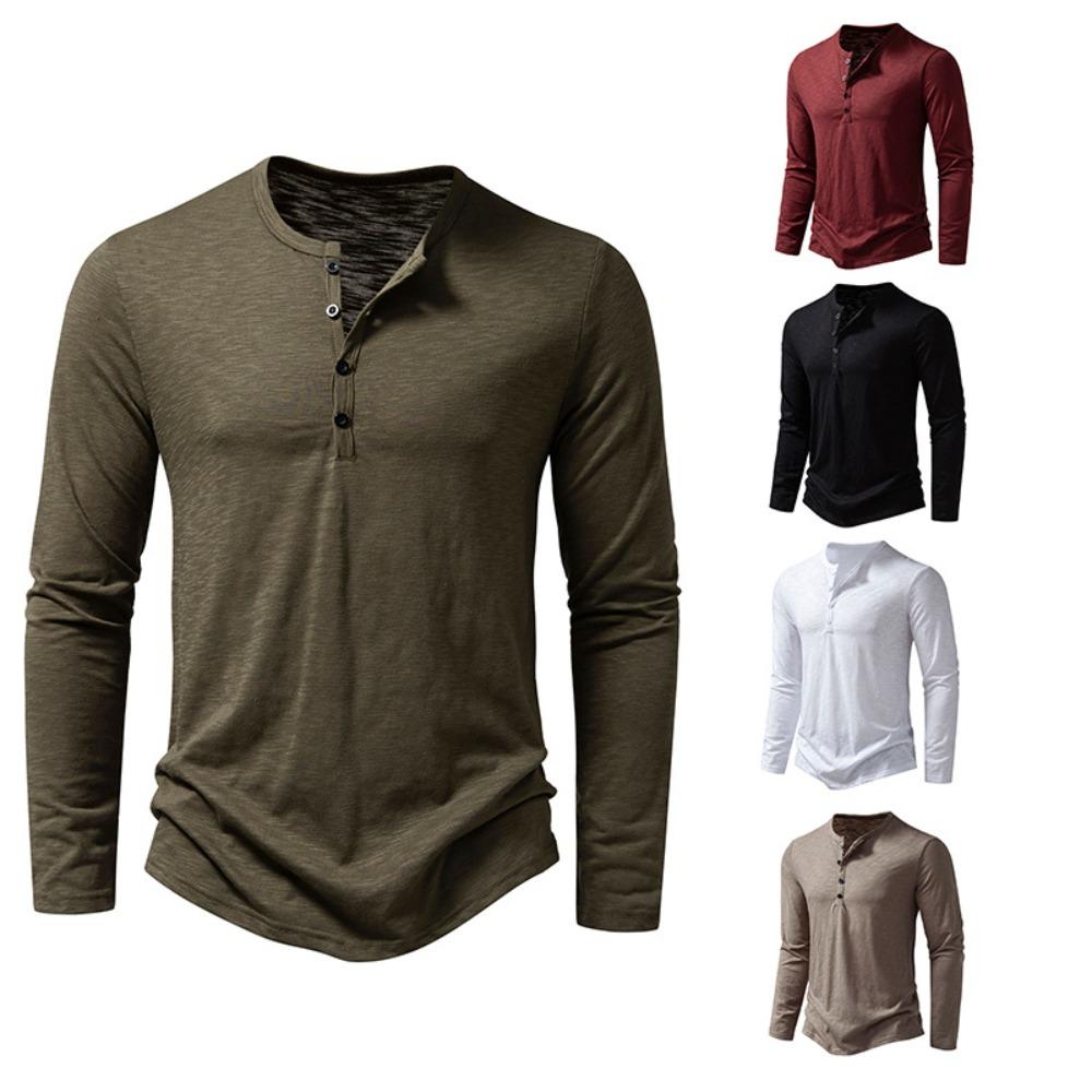 MILU Heren katoenen overhemd met Henley-hals en lange mouwen, casual knoop, effen kleur, mode-T-shirts XS wit