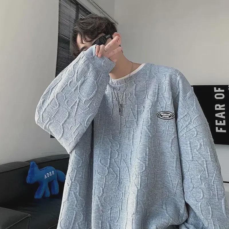 VantaGoods Heren herfst wafel sweatshirt: Trendy, losvallende, lange mouwen, ronde hals Korea-geïnspireerde hiphopjas 5XL zwart