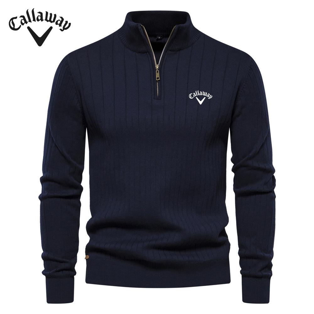 Callaway geborduurde opstaande kraag katoenen herentrui casual halve rits effen kleur trui hoogwaardige gebreide herentrui L marineblauwe kleur