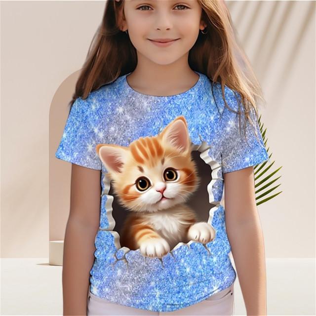 Xuhaijian02 Kinderen Meisjes T-shirt Gradiënt Pailletten Kawaii Kat Korte Mouw O-hals Pyjama voor Kinderen Kleding Meisjes van 2 tot 7 Jaar T-shirt Top 160