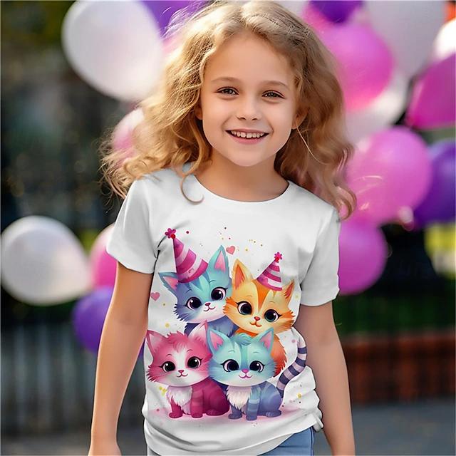 HerSight Meisjes 3D Kat T-shirts Korte Mouw Print Zomer Actieve Mode T-shirt Schattig Polyester Kinderen 3-14 Jaar Buiten Verjaardag Casual Top 170 blauw