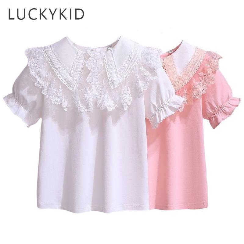 G.DUCK KIDS Zomer Wit Meisjes Korte Mouw T-shirt 2022 Nieuwe Katoenen Tiener Kinderen Kant Revers Blouse Kinderen Schoolkleding Tops 3-12 Jaar 8T wit