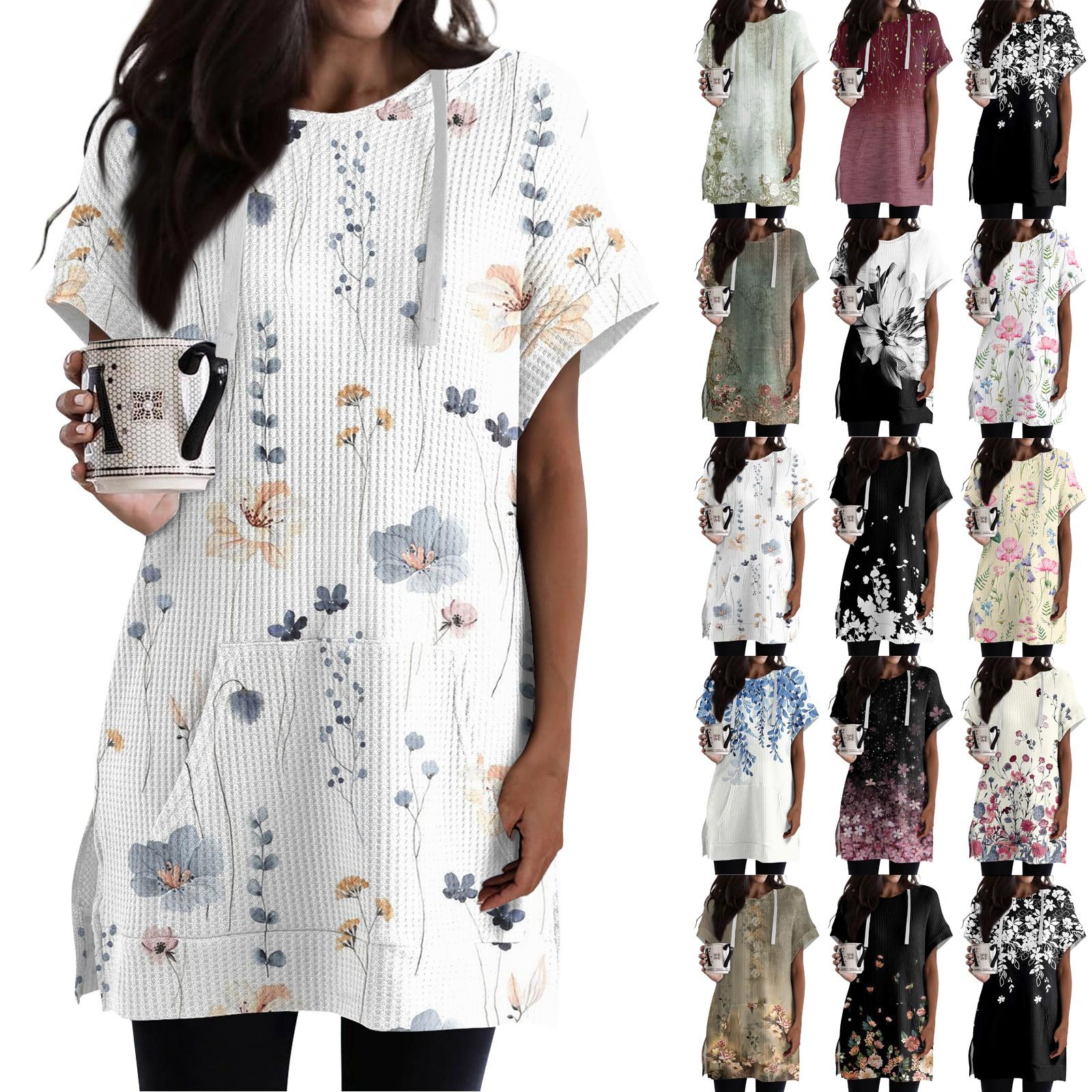 Linglong Losse shirts voor dames, bedrukt, korte mouwen, trekkoord, hoodies, gebreide tuniek met zijsplit, capuchontops met zak XL geel
