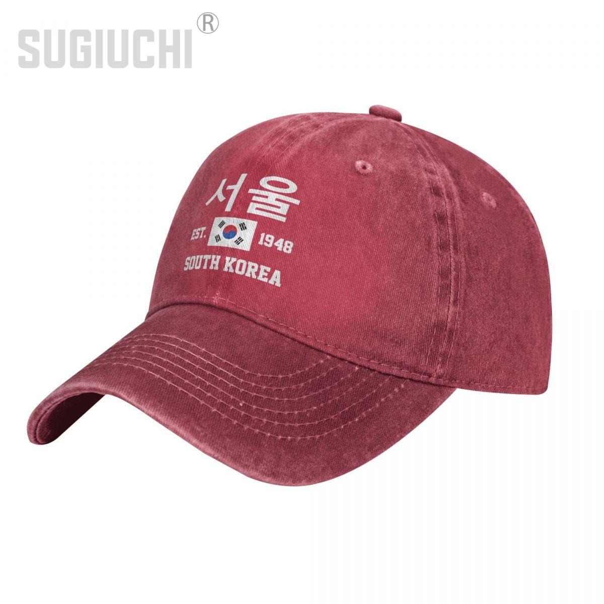 91530103MABXANBX49 Vlag van Zuid-Korea EST.1948 Seoul Unisex Volwassen Houtskool Gewassen Denim Baseball Cap Unisex Vintage Katoenen Papa Patriottische Trucker Hat One Size