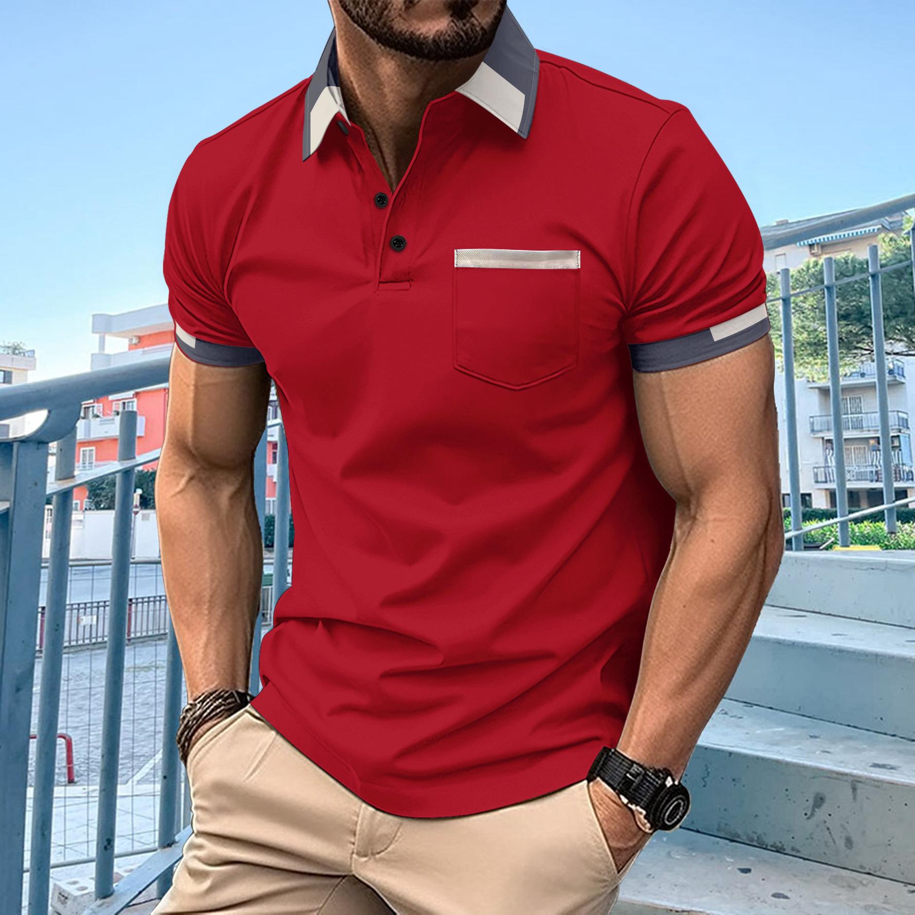 Little red horse Nieuwe heren casual POLO shirt borstzak V-hals knoop gestreept kleurblok T-shirt losse tops XXXL bordeaux