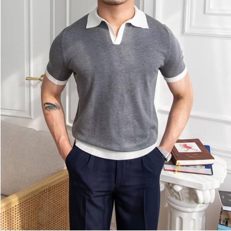 VantaGoods 2023 Heren Trendy Japans Bedrukt Poloshirt - Effen Kleur, Korte Mouwen XL grijze kleur