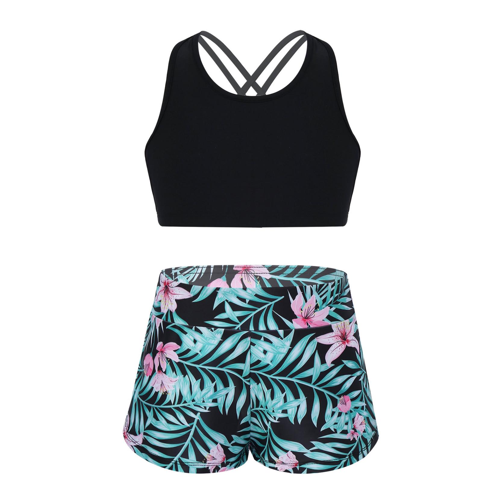 IEFiEL Kinderen meisjes bedrukte Rash Guard tankini sport crop top + zwemshort badpak strandbadkleding 11-12 Years zwart/groen