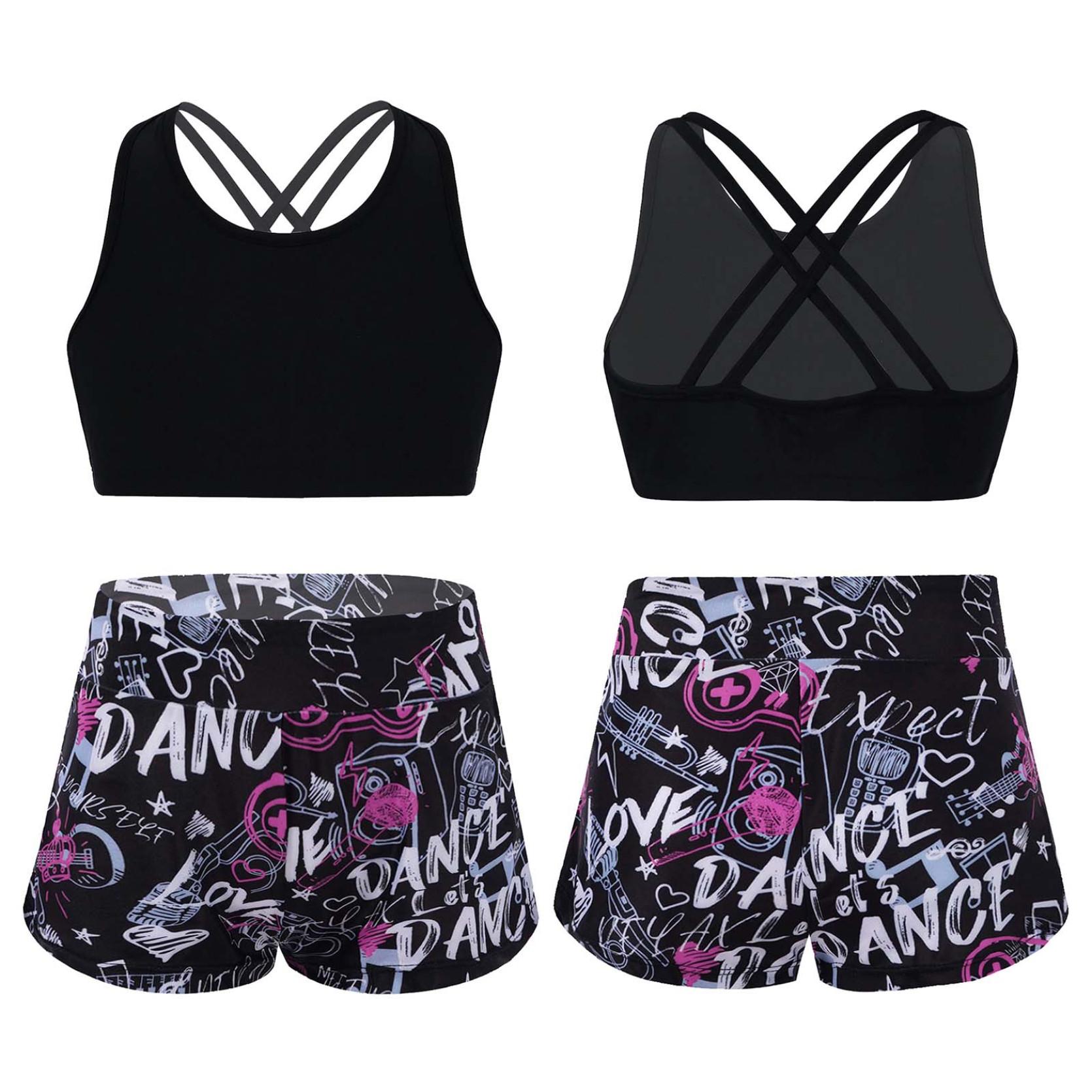 IEFiEL Kinderen meisjes bedrukte Rash Guard tankini sport crop top + zwemshort badpak strandbadkleding 11-12 Years zwart/helder roze