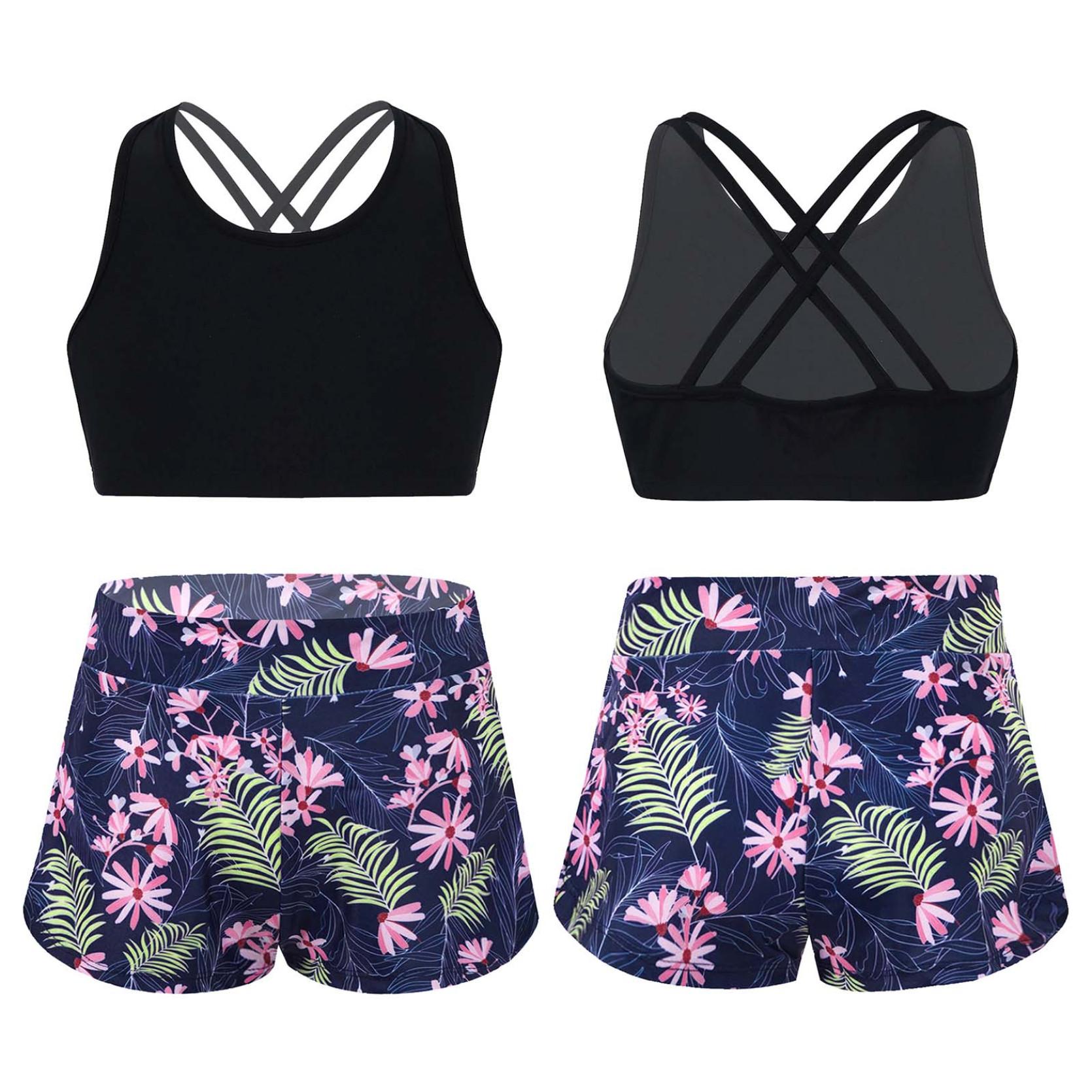 IEFiEL Kinderen meisjes bedrukte Rash Guard tankini sport crop top + zwemshort badpak strandbadkleding 13-14 Years marineblauwe kleur