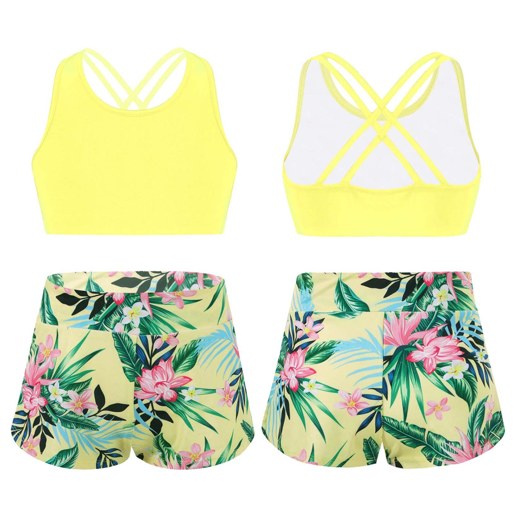 IEFiEL Kinderen meisjes bedrukte Rash Guard tankini sport crop top + zwemshort badpak strandbadkleding 5-6 Years geel