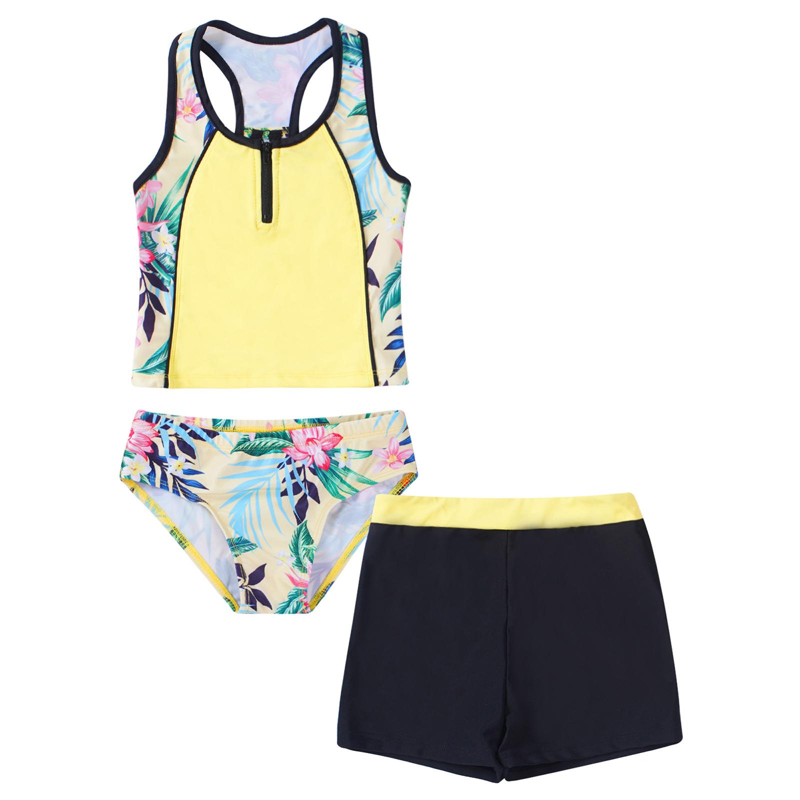 Linjinx Kinderen Meisjes Bloemenprint Tops met Shorts Bottoms 3 Stuks Tankini Set Badpak Badpak 7-8 Years geel