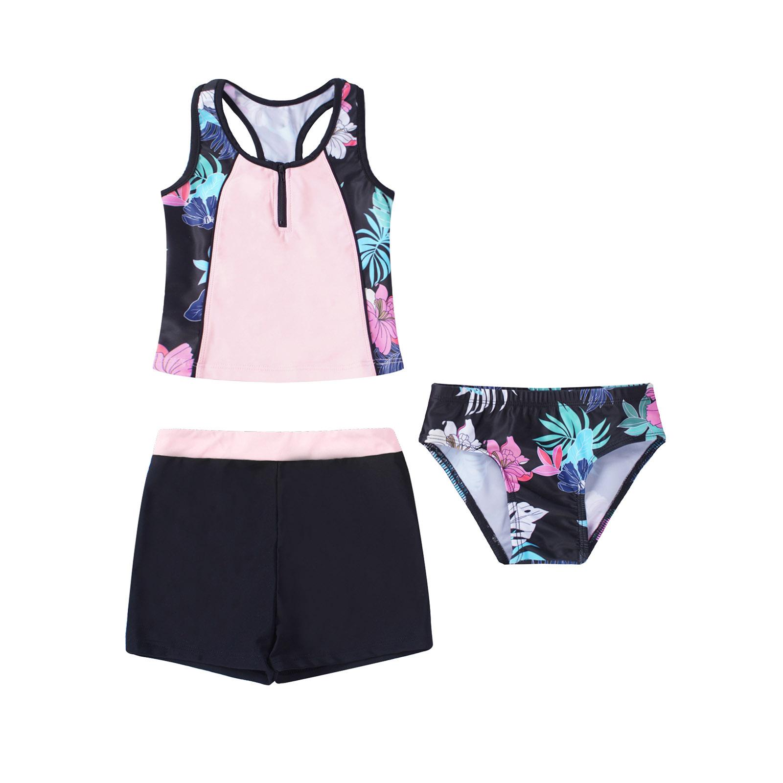 Linjinx Kinderen Meisjes Bloemenprint Tops met Shorts Bottoms 3 Stuks Tankini Set Badpak Badpak 11-12 Years zwart/roze