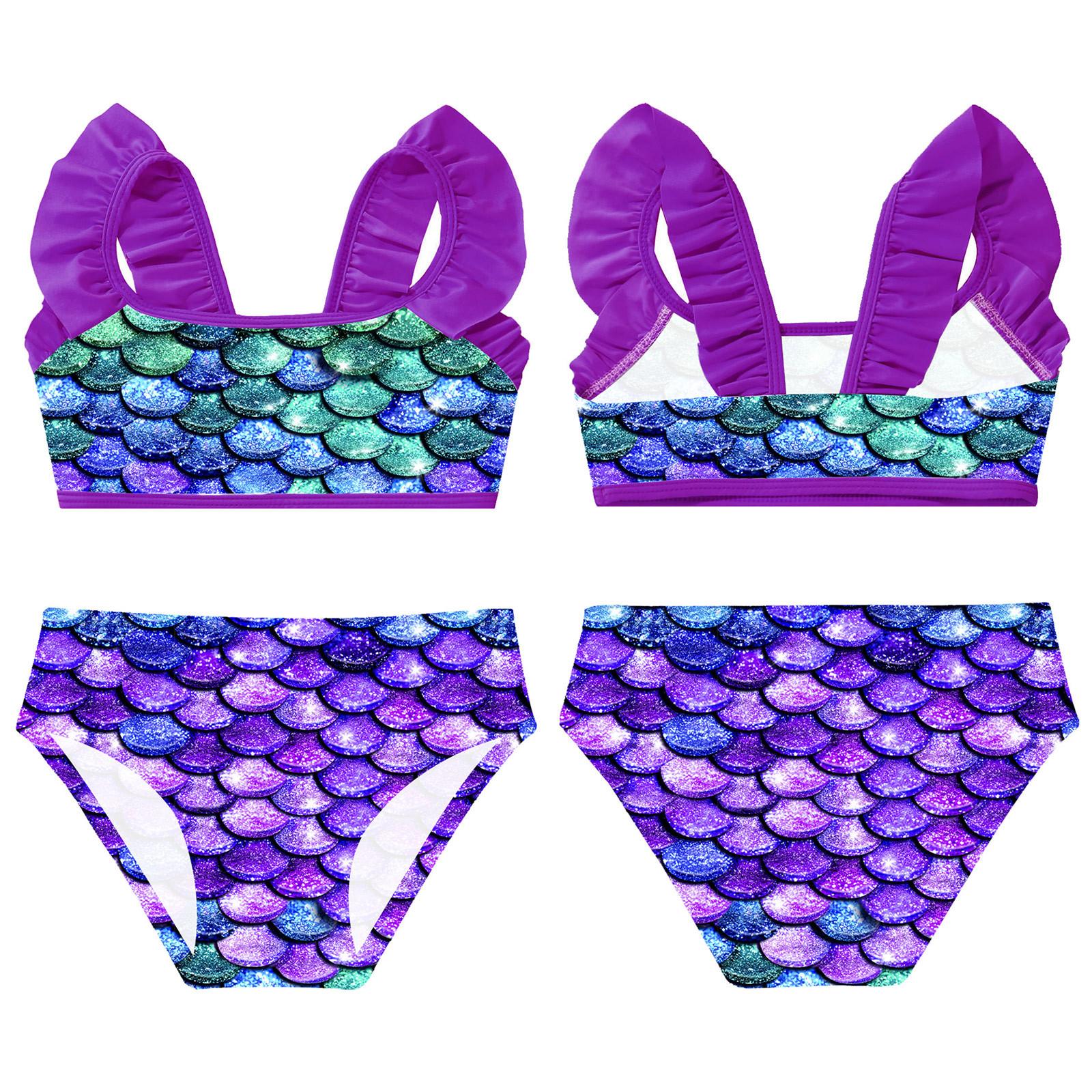 IEFiEL 2 Kinderen Meisjes 2 STKS Tankini Verstoorde Schouderbanden Gedrukt Crop Top met Bodems Hawaii Set Bikini Badmode 11-12 Years paars