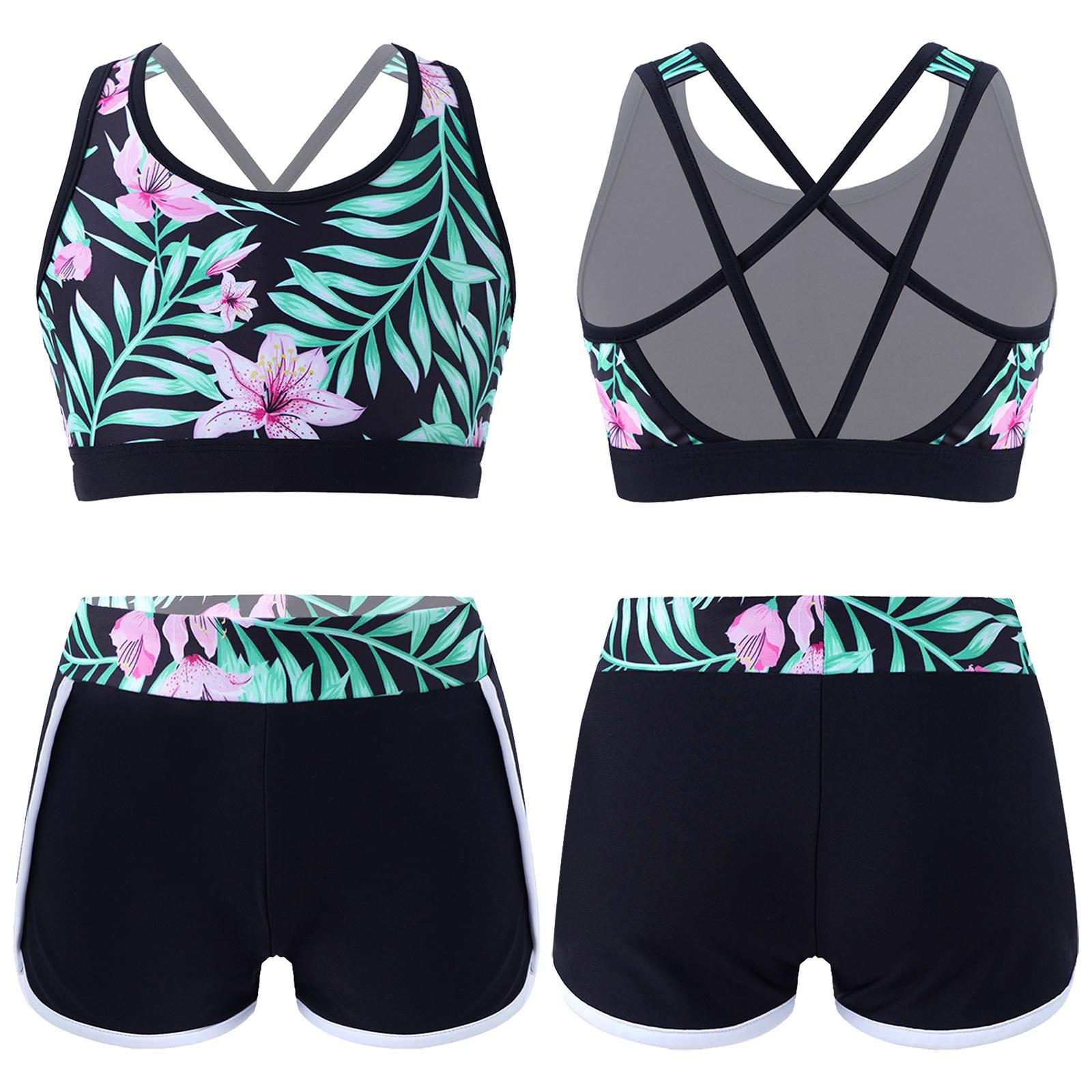 IEFiEL 2 stuks kindermeisjes bedrukt badpak outfit mouwloze strappy back crop top met shorts bottoms activewear set badmode 11-12 Years