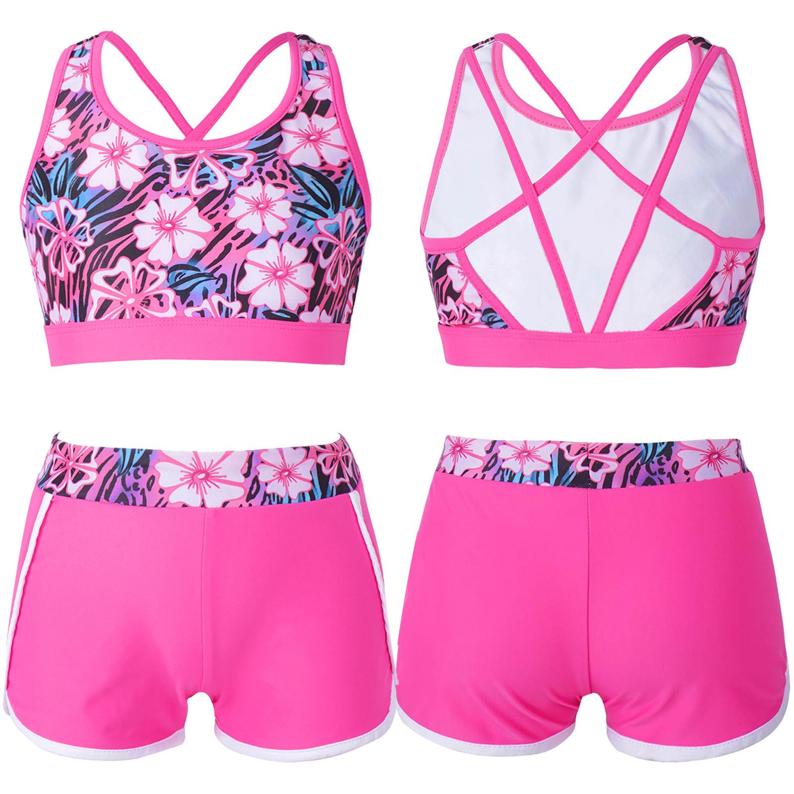IEFiEL 2 stuks kindermeisjes bedrukt badpak outfit mouwloze strappy back crop top met shorts bottoms activewear set badmode 13-14 Years