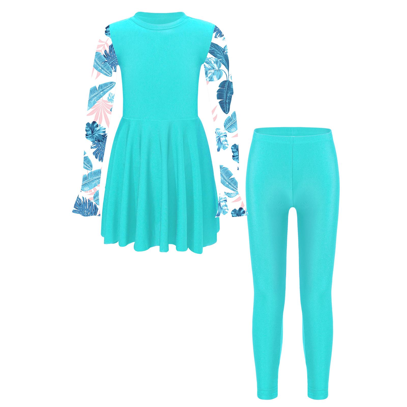 Daenrui Kinderen Meisjes 2 Stuks Rash Guard Badpak Sets Bloemenprint Lange Mouw Zwemjurk met Legging Zonbescherming Badpak Badmode 7-8 Years meer groene kleur