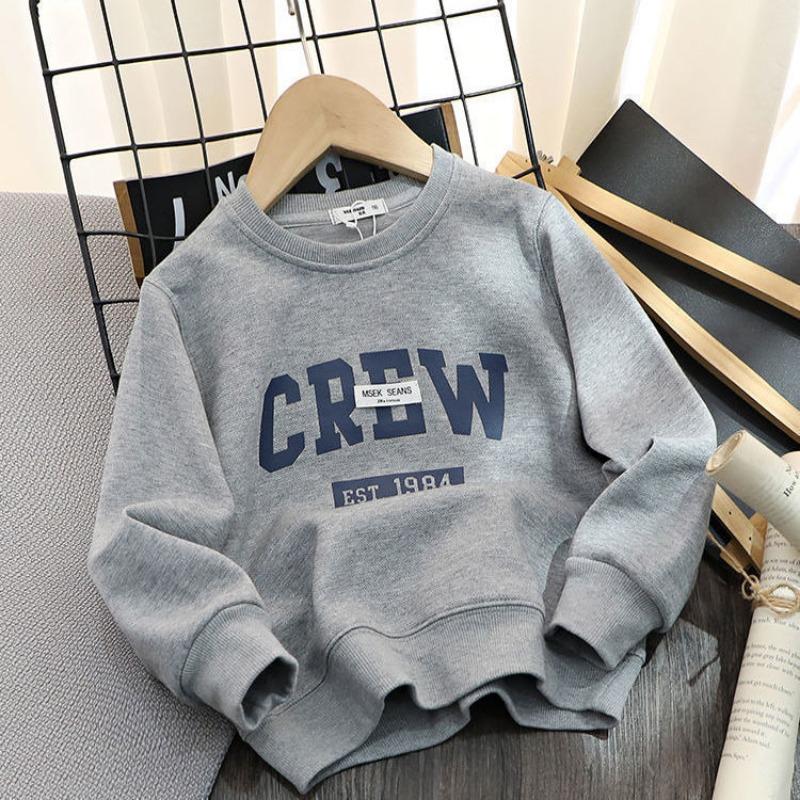 Blackberry 01 Katoenen kinderkleding, jongenshoodie met letterprint, los en veelzijdig casual western-stijl T-shirt, dunne top voor de lente en herfst 150 grijs