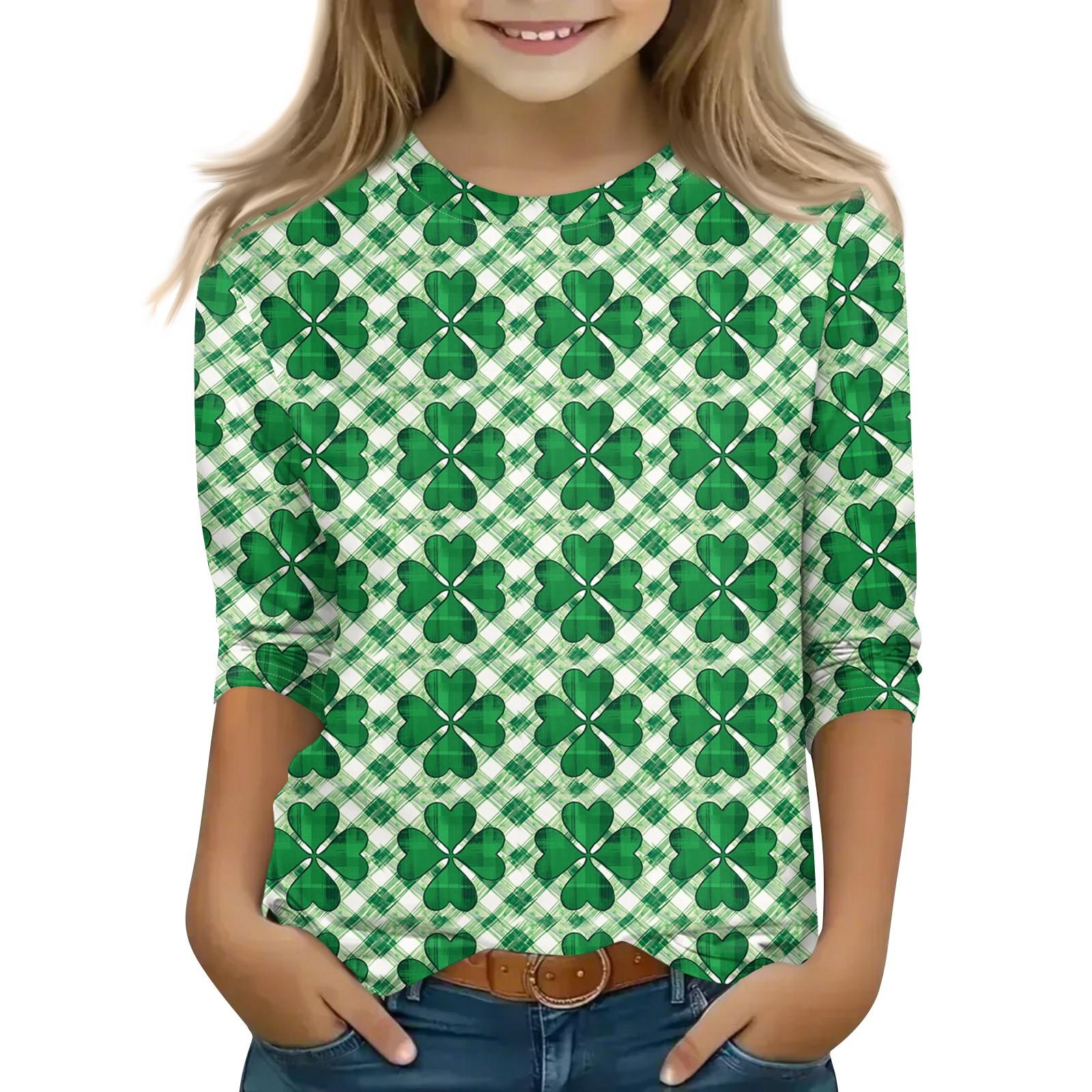 Wahaha123 Print tops voor jeugdige meisjes van 5-16 jaar ronde hals 3/4 mouwen T-shirts trendy tops outfit T-shirts 140 groen
