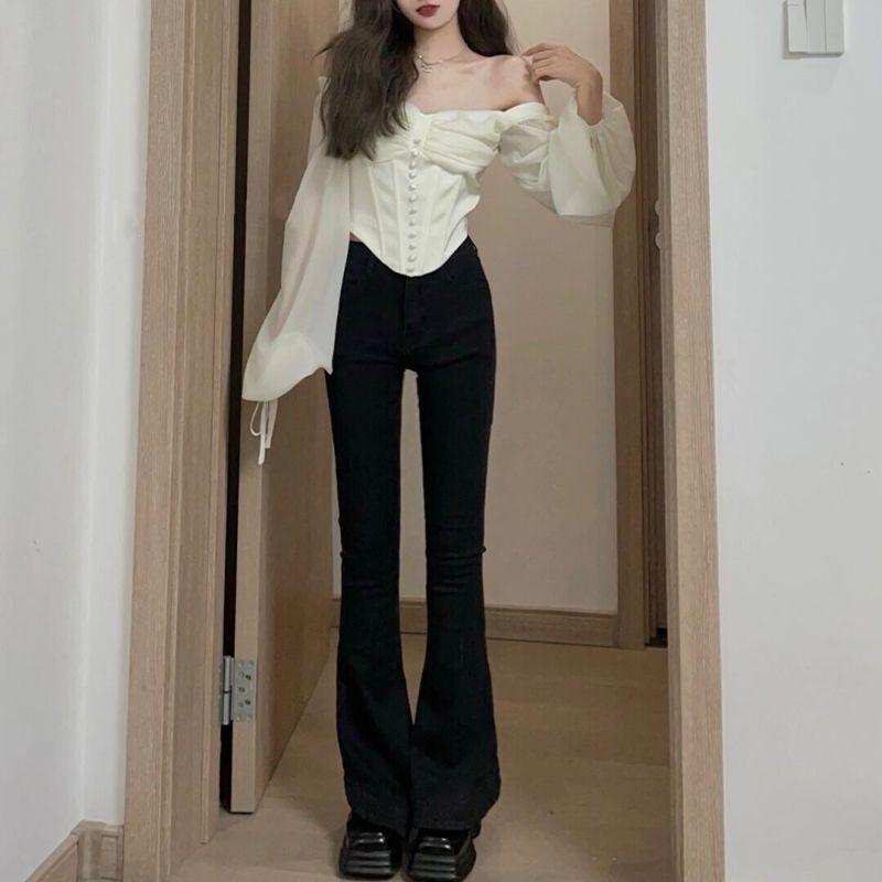 WTEMPO Brand Micro-label Jeans Dames Hoge Taille Skinny Rechte Uitgestrekte Uitlopende Broek met Stretchy Beenafwerking Jeans S