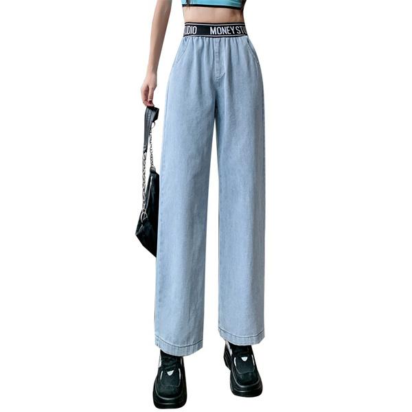 ZXXY Dames lente en zomer hoge taille all-match wijde pijpen losse slanke rechte jeans S blauw