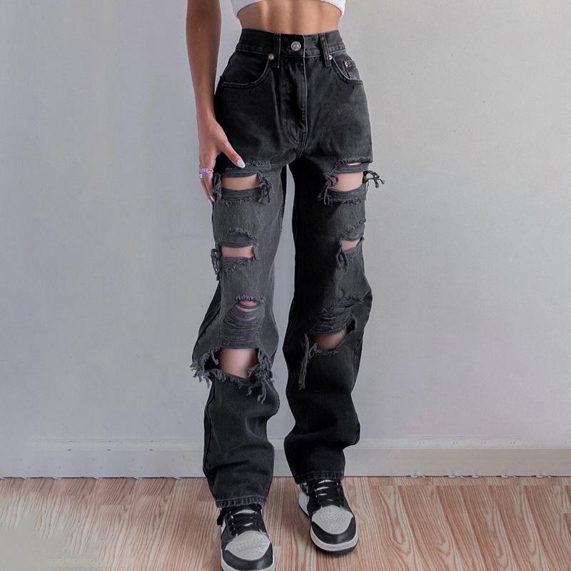 Fantastic wardrobe Bruin gescheurde vintage vrouw noodlijdende jeans streetwear gat hiphop hoge taille broek mode rechte denim broek dames L zwart