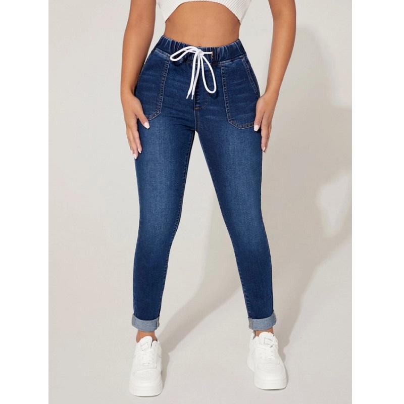 Fahion Jeans Denim jeans met trekkoord in de taille voor dames Hoge taille Stretch potloodbroek pantalones de mujer L
