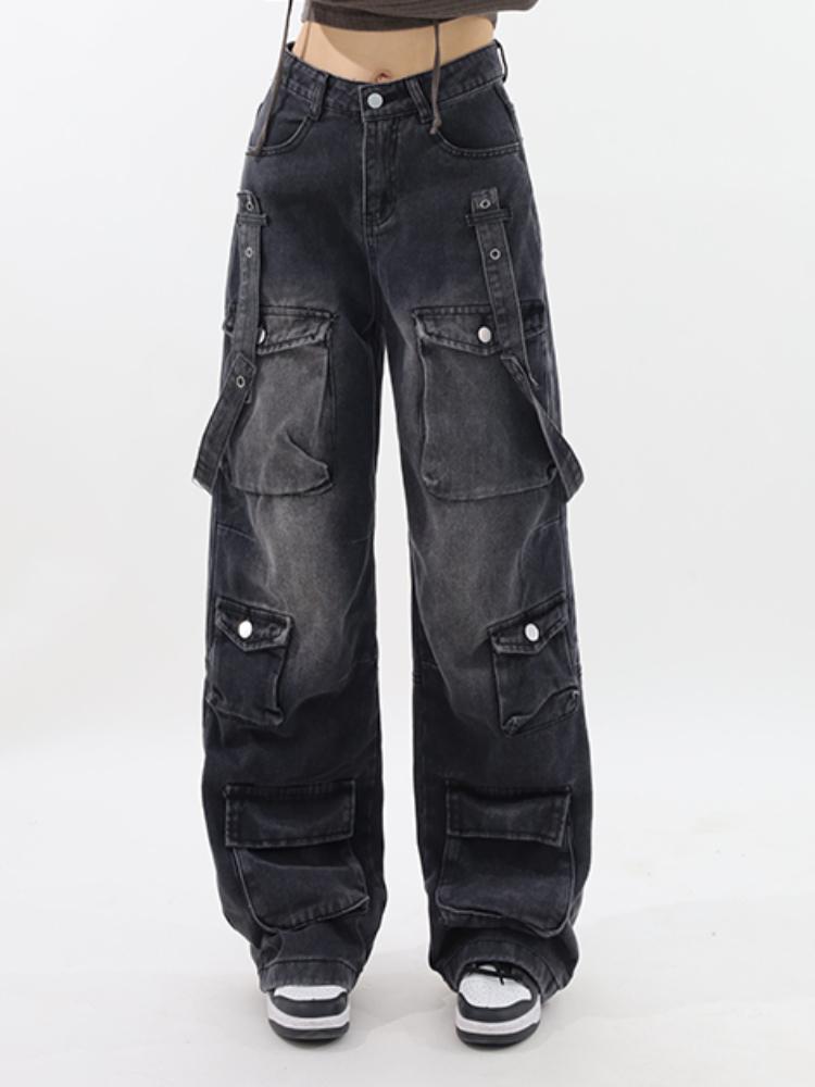 Diana Fashion Clothes Vintage zwarte gotische Y2k cargo jeans dames wijde pijpen denim broek oversize jaren 2000 hoge taille jeans dames Koreaans mode ontwerp chique wijde broek 2024 M zwart