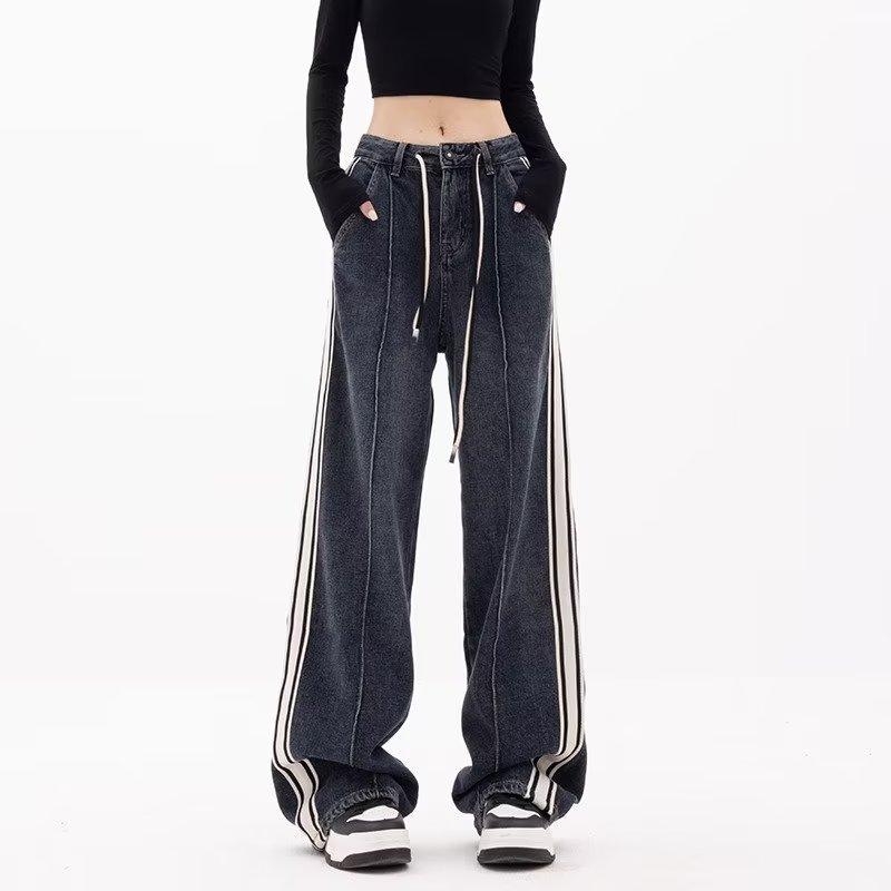 CANVAUS Plus-size retro rechte jeans met trekkoord Dames lente en zomer losse rechte broek met wijde pijpen 4XL