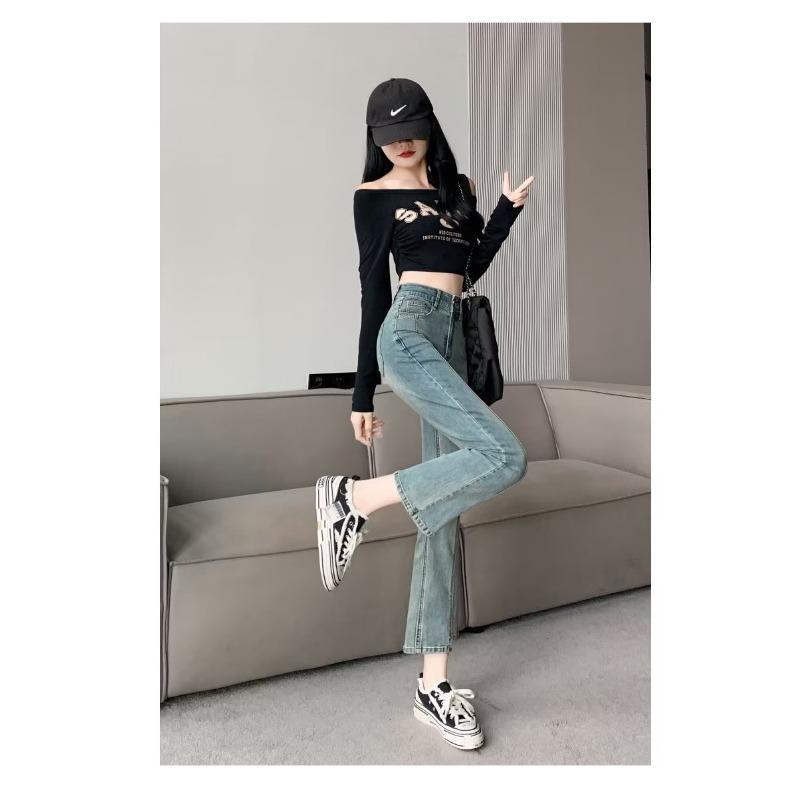 CANVAUS Micro-denimjeans Dames Korte hoogte Slanke dunne lente en herfst Bijgesneden broek met hoge taille Broek Uitlopende broek 2XL