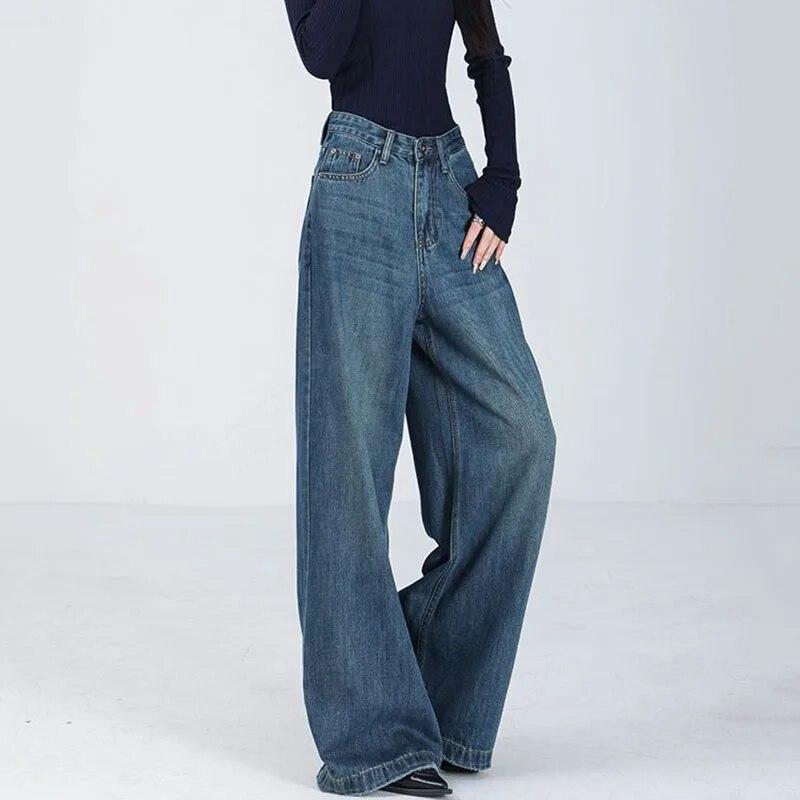 Diana Fashion Clothes Blauwe elegante losse wijde pijpen denim broek dames vintage streetwear hoge taille jeans vrouwelijke nieuwe mode casual wilde vloer broek S blauw
