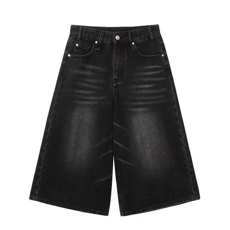 SHIZI Retro Y2k Baggy Jorts Vrouwen Mannen Lage Taille Cropped Zwarte Jeans Acubi Verontruste Verzwakte Denim Casual Brede Broek L