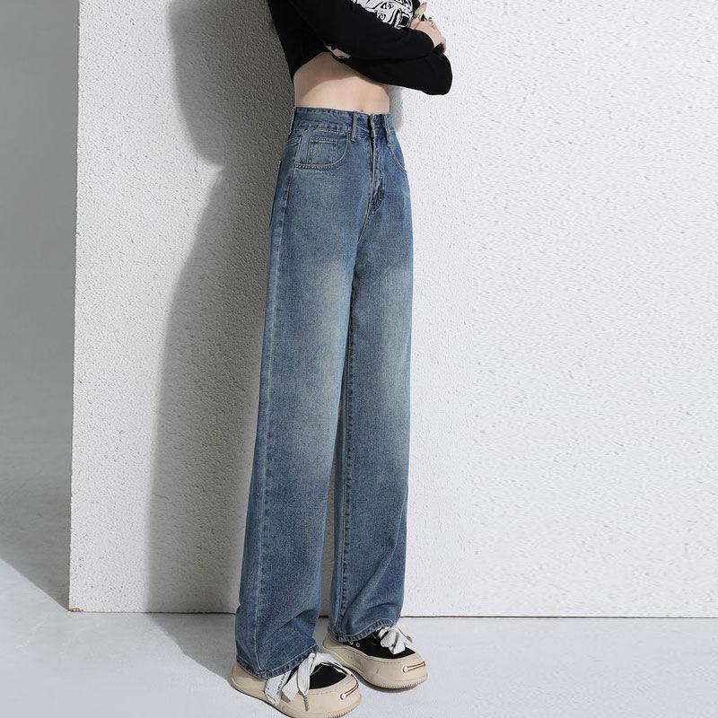 CANVAUS Vintage jeans Dames lente en herfst rechte broek Losse broek met hoge taille en wijde pijpen Dragbroek Lange broek 2XL blauw
